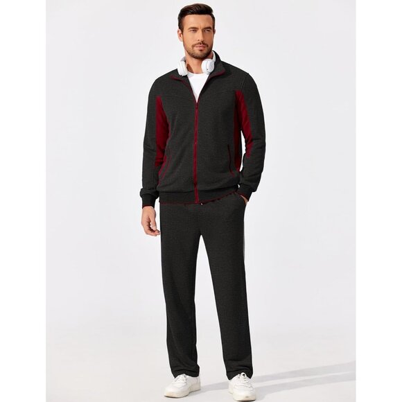 Men's Tracksuits 2 Piece Athletic Track Suit Jogging Running Sweatsuit Grey Red - Picture 3 of 6